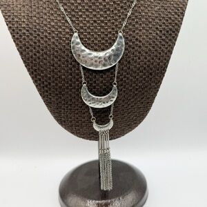 Long tiered hammered silver crescent tassel necklace
